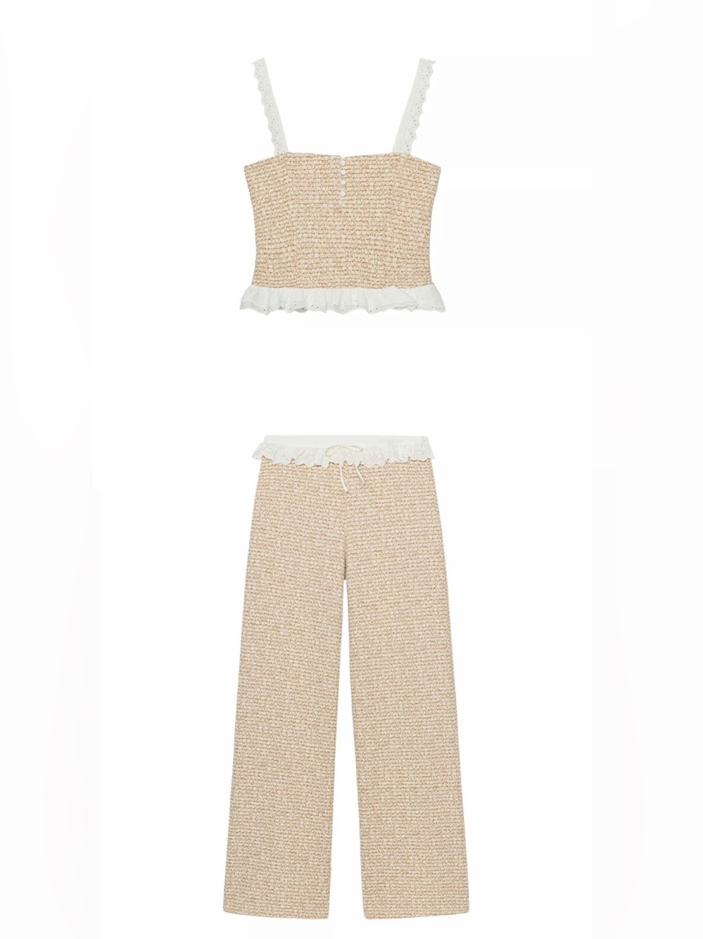 Zara Beige Crochet Wide-Leg Pants Set with White Lace Trim (M-TOP, S- BOTTOM)
